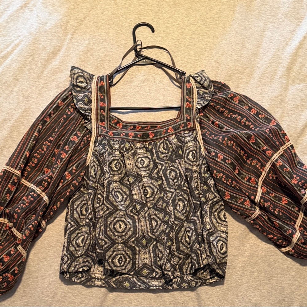 Boho Mixed-Print Cropped Square Neck Women's Top - Black & Cream
